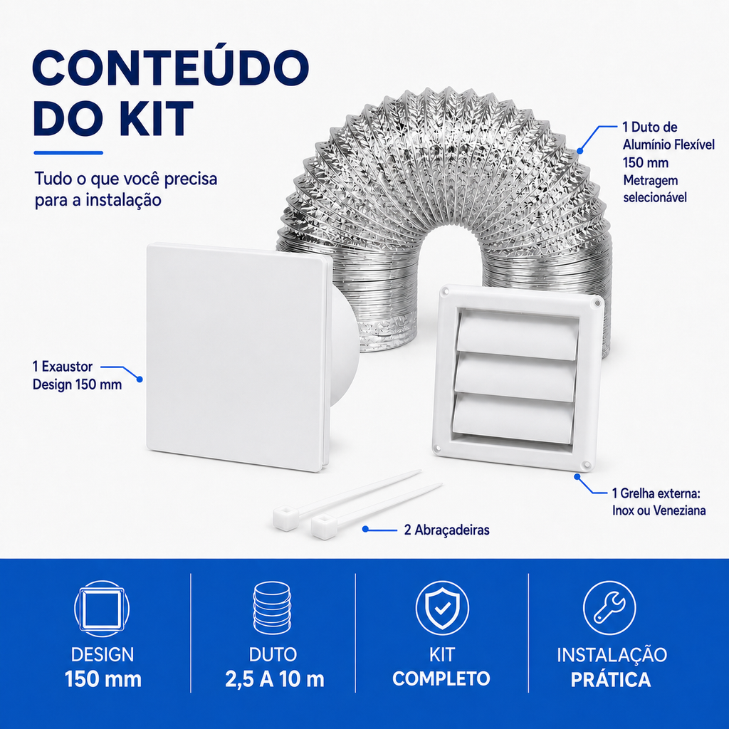 Kit de Exaustão Design 150 mm — conteúdo do kit — abraçadeiras de nylon