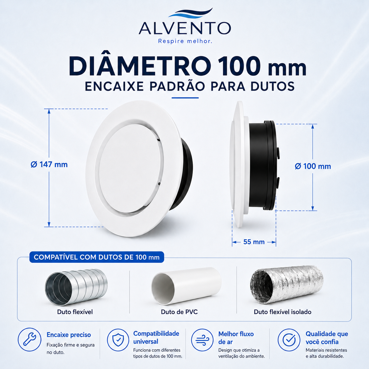 Difusor de Ar Redondo em ABS 100 mm — Branco