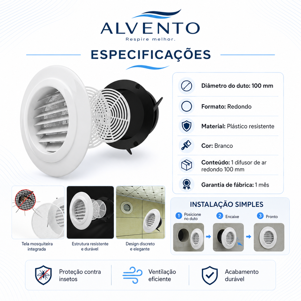 Difusor de Ar Redondo em ABS com Grelha Frontal 100 mm — Branco
