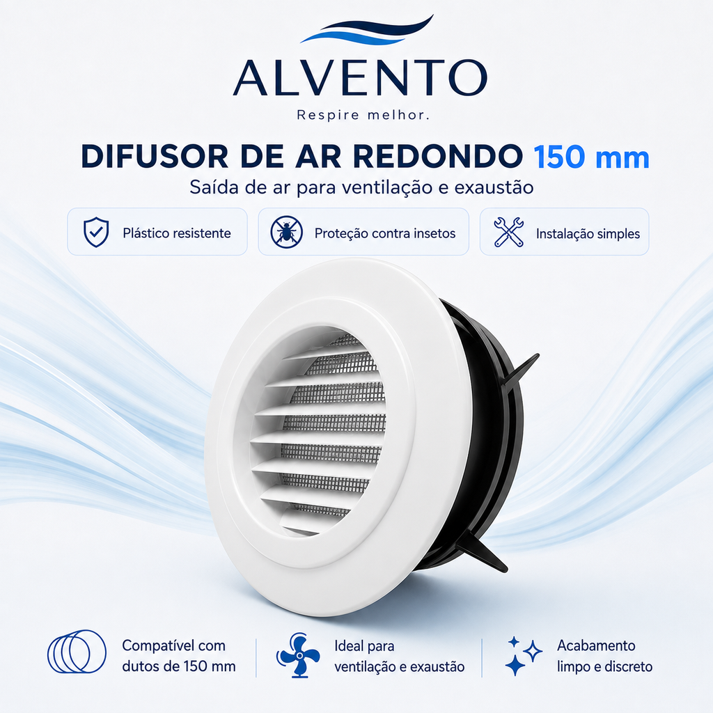 Difusor de Ar Redondo em ABS com Grelha Frontal 150 mm — Branco