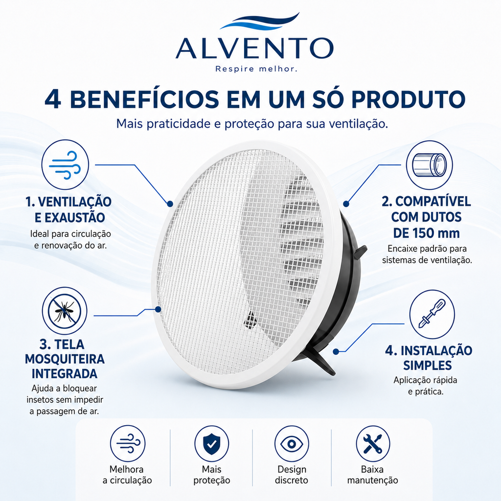 Difusor de Ar Redondo em ABS com Grelha Frontal 150 mm — Branco