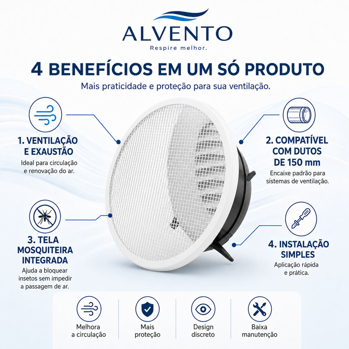 Difusor de Ar Redondo em ABS com Grelha Frontal 150 mm — Branco