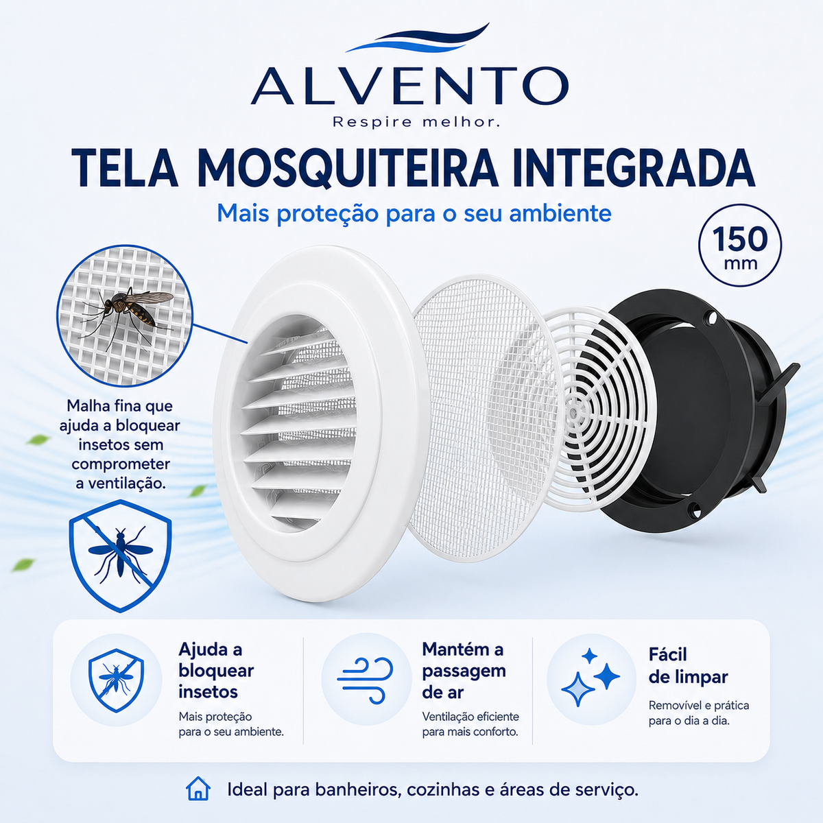 Difusor de Ar Redondo em ABS com Grelha Frontal 150 mm — Branco