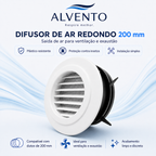 Difusor de Ar Redondo em ABS com Grelha Frontal 200 mm — Branco