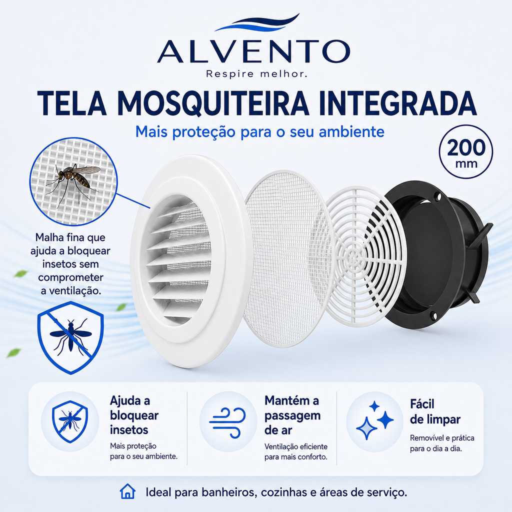 Difusor de Ar Redondo em ABS com Grelha Frontal 200 mm — Branco