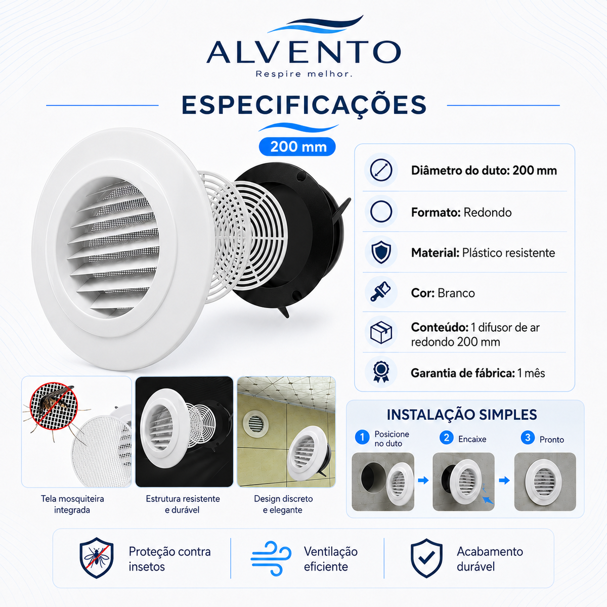 Difusor de Ar Redondo em ABS com Grelha Frontal 200 mm — Branco