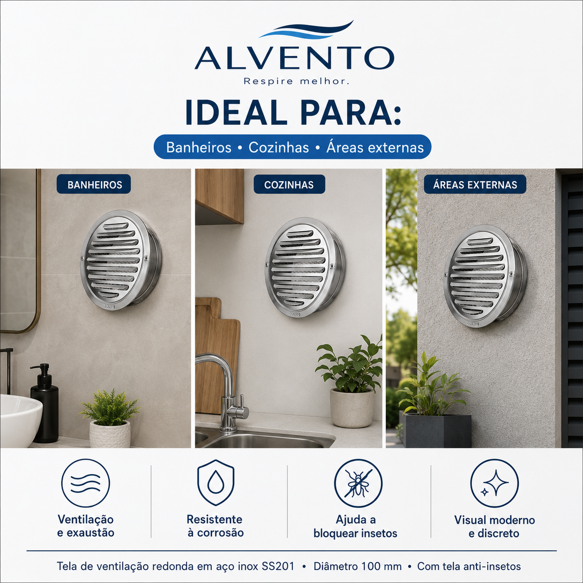 Grelha de Ventilação em Aço Inox SS201 100 mm (4 pol.)