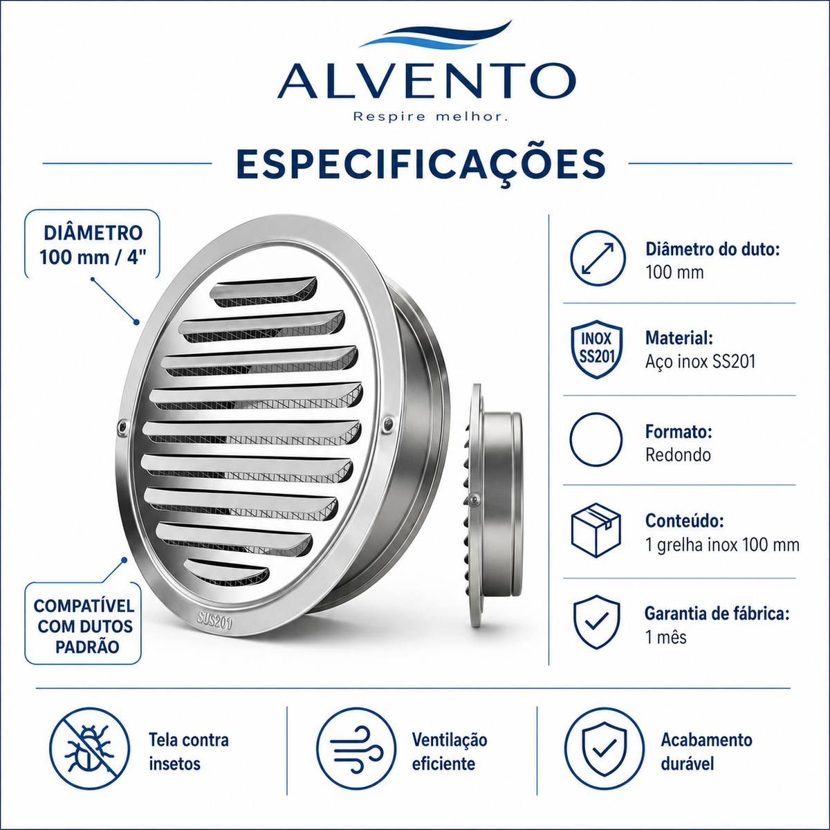 Grelha de Ventilação em Aço Inox SS201 100 mm (4 pol.)