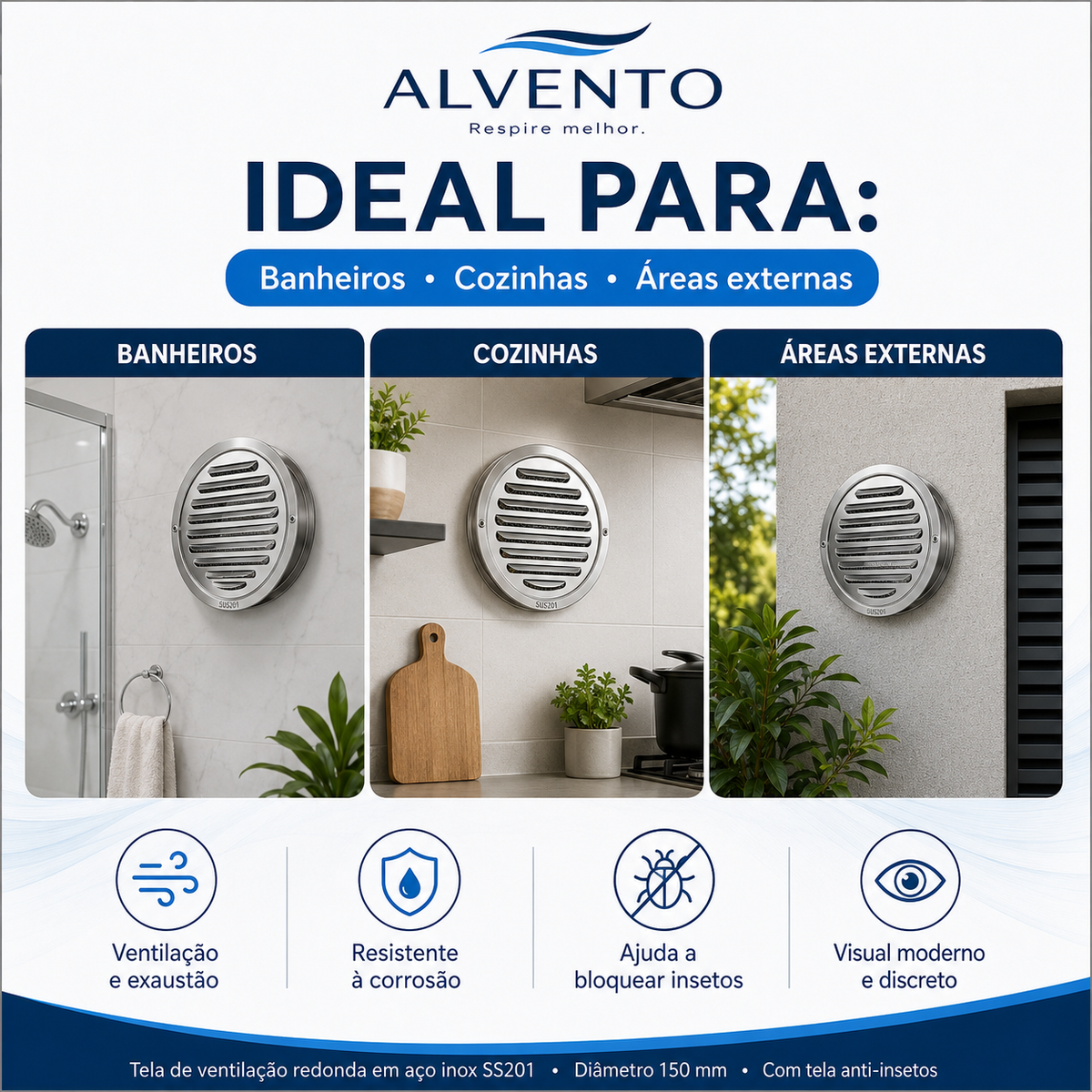 Grelha de Ventilação em Aço Inox SS201 150 mm (6 pol.)