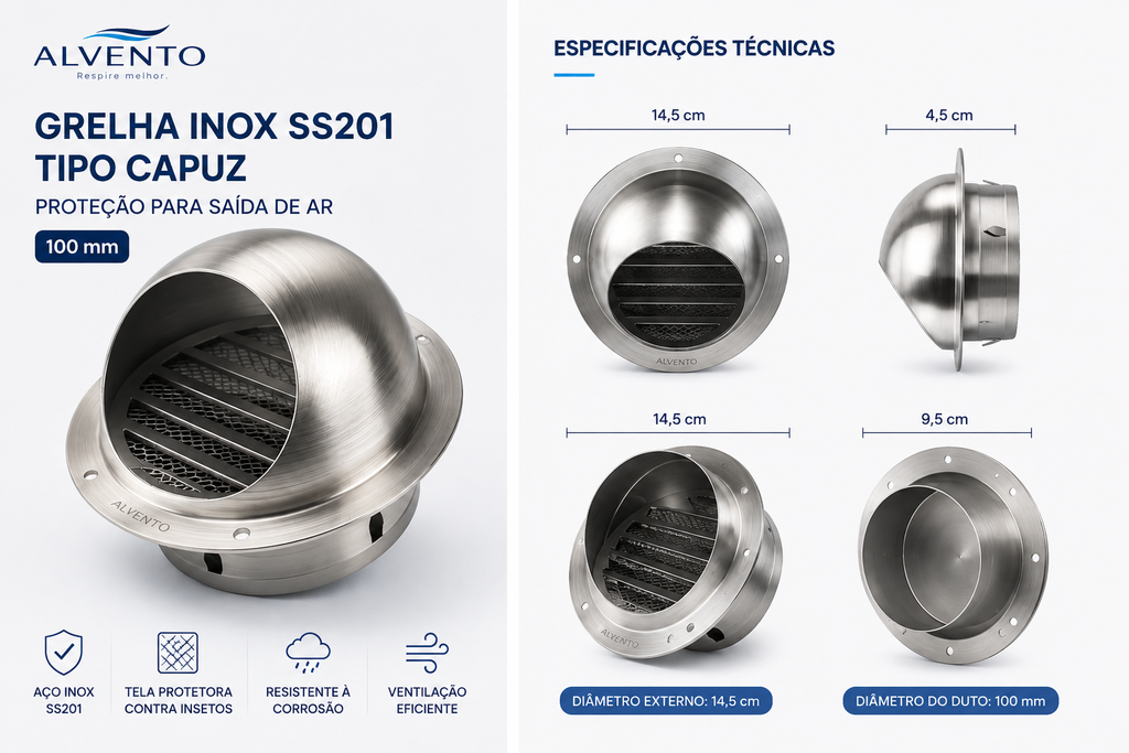 Grelha de Ventilação Fechada em Aço Inox SS201 100 mm (4 pol.)