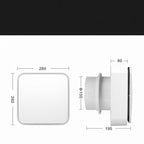 Medidas: painel 260 × 260 mm, profundidade 80 e 195 mm, conexão Ø150 mm